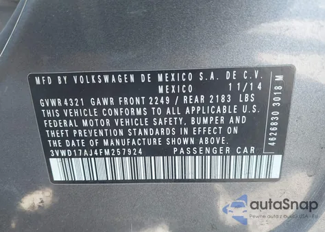 2015 Volkswagen Jetta 1.8T Se из США, поврежденный, VIN 3VWD17AJ4FM257924